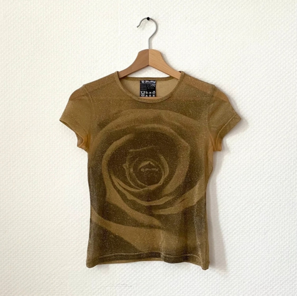 Vintage E-Play Gold Lurex mesh top with rose pattern